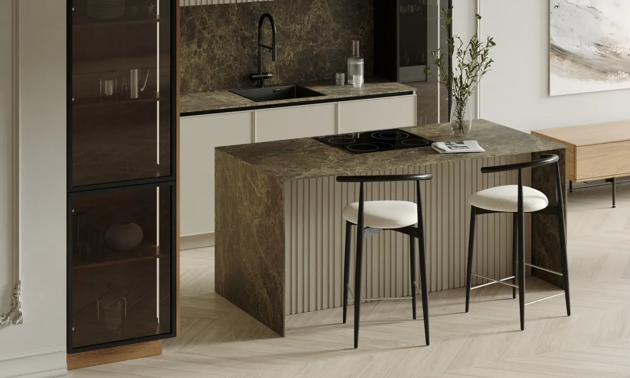 Кварцевая столешница Imperial Marble на кухне AFINA