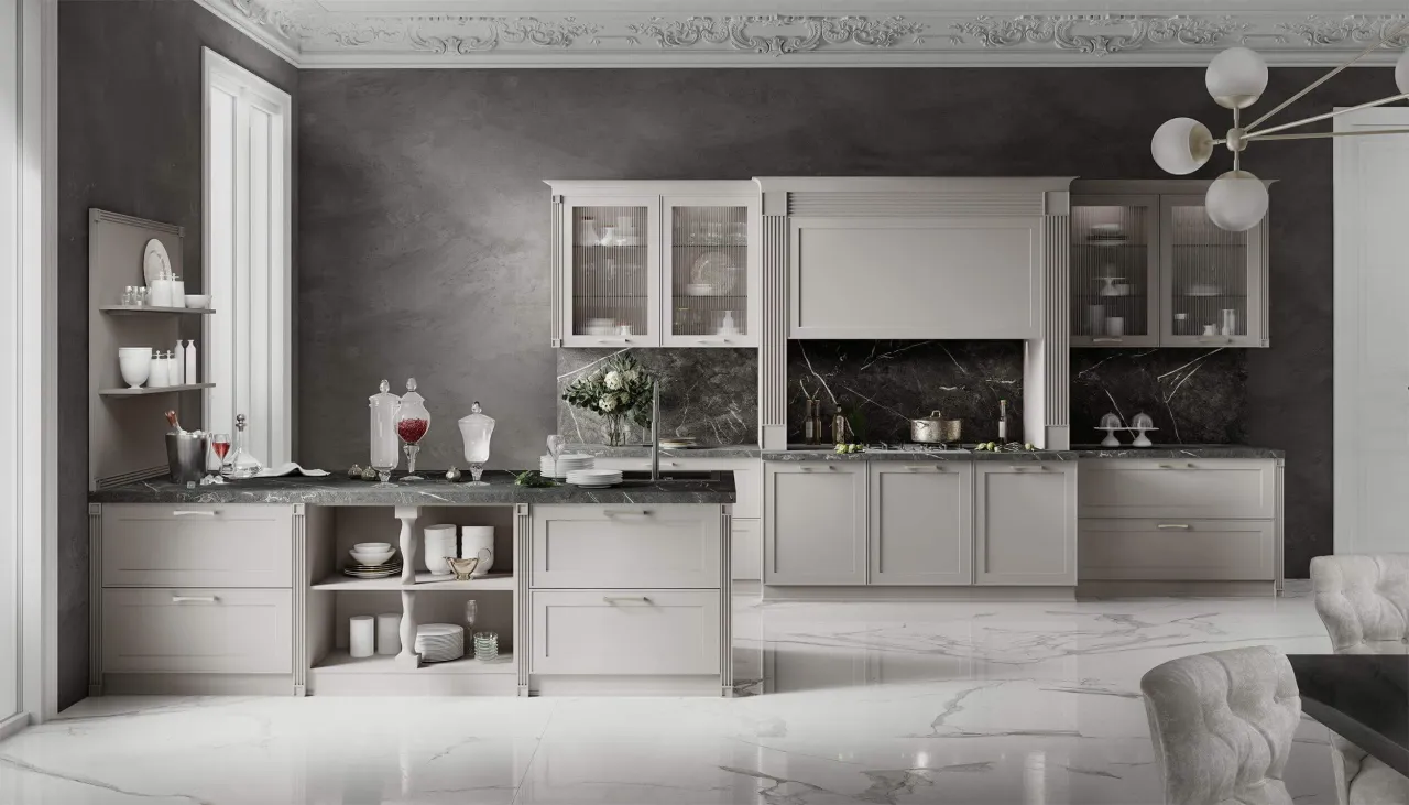 Фото кухни ARTIS с матовой эмалью и фрезеровкой в неоклассическом стиле