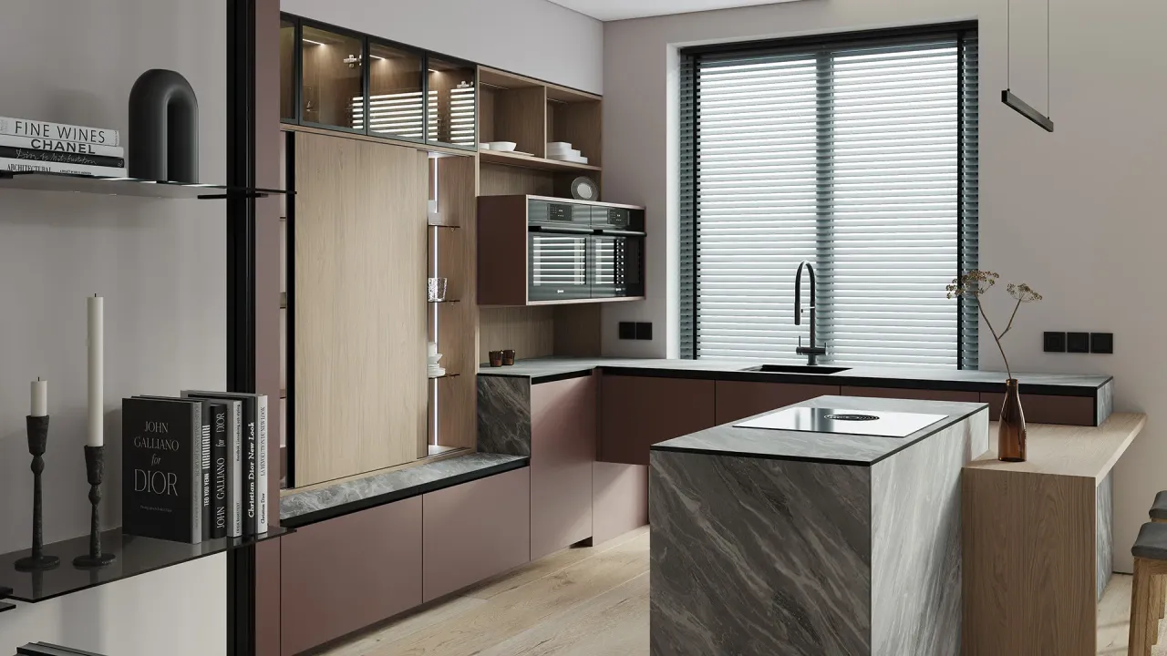 Фасады кухни ASTRA в декоре Red-Brown с древесными текстурами