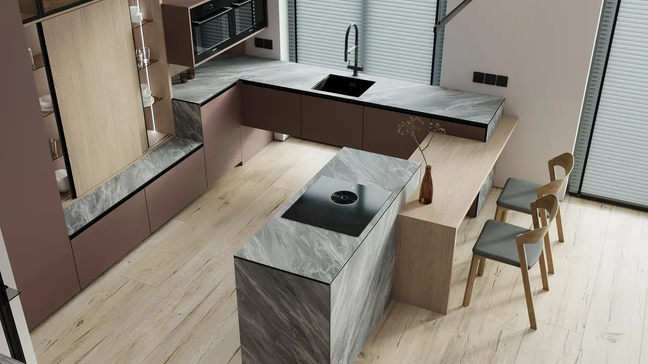 Стеклянные витрины кухни ASTRA с графитовым стеклом в чёрном профиле