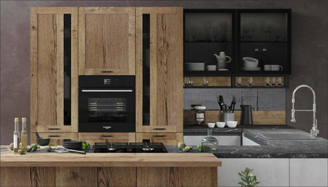 Сочетание белого Textone и натурального дуба на фасадах кухни AUTENTIC