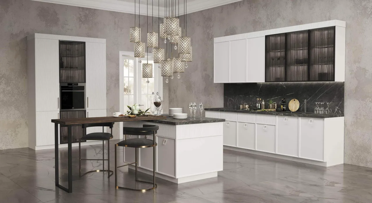 Фото кухни CAPITALE с матовой эмалью и фрезеровкой Каннелюра на фасадах