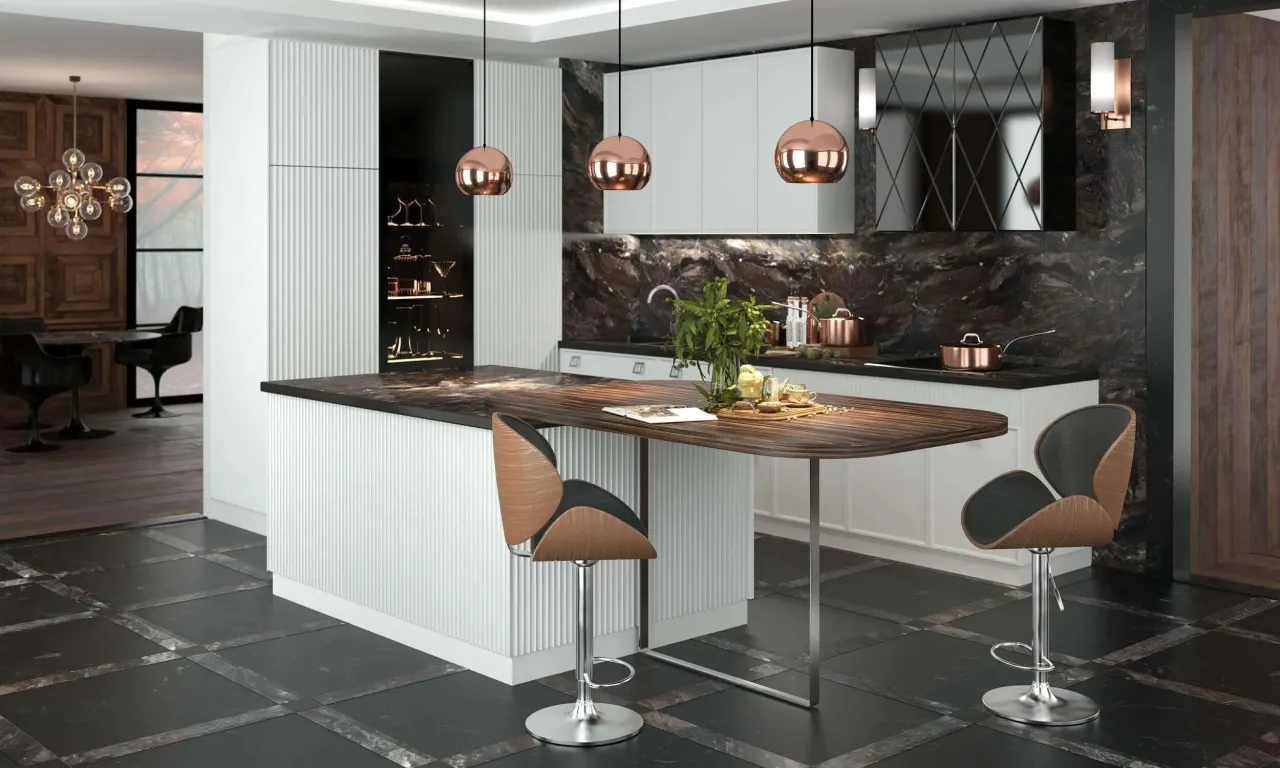 Стеклянные витрины кухни CAPITALE с подсветкой в алюминиевых профилях