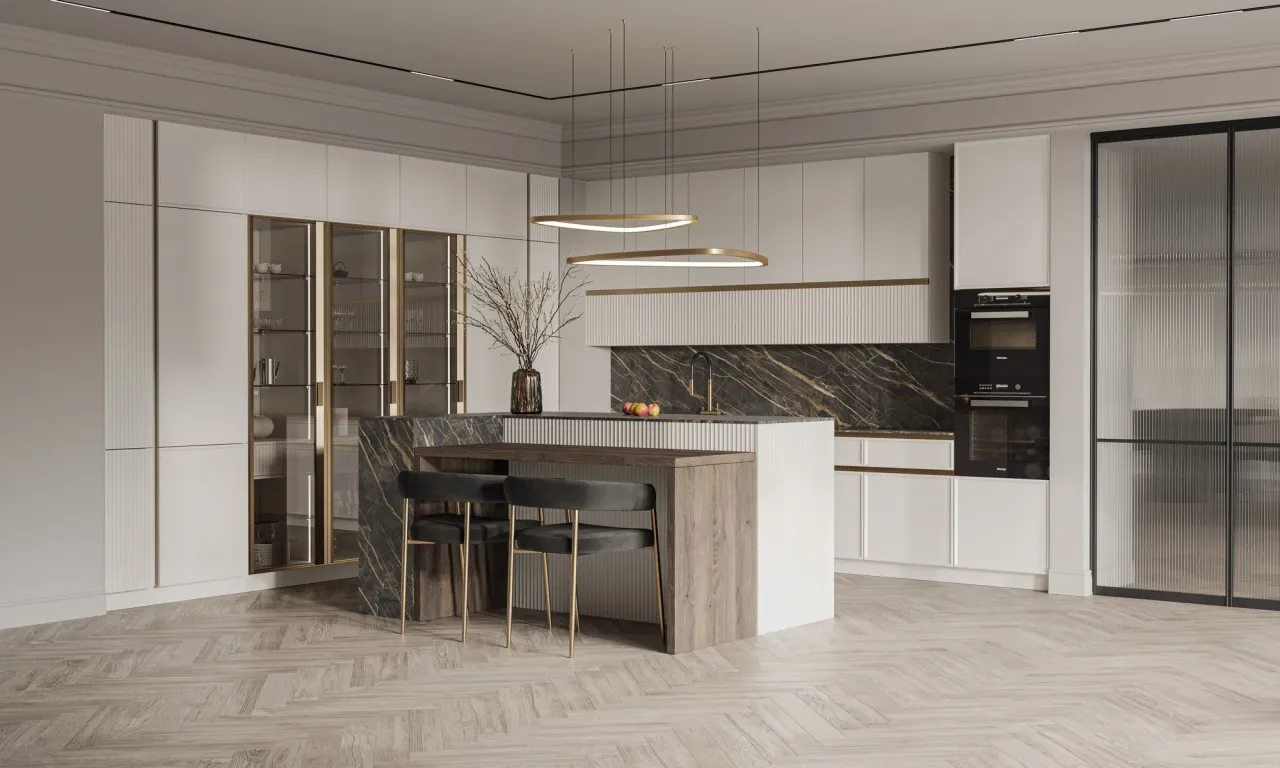 Фото кухни CAPITALE CLASSIC с графитовым стеклом в золотом профиле