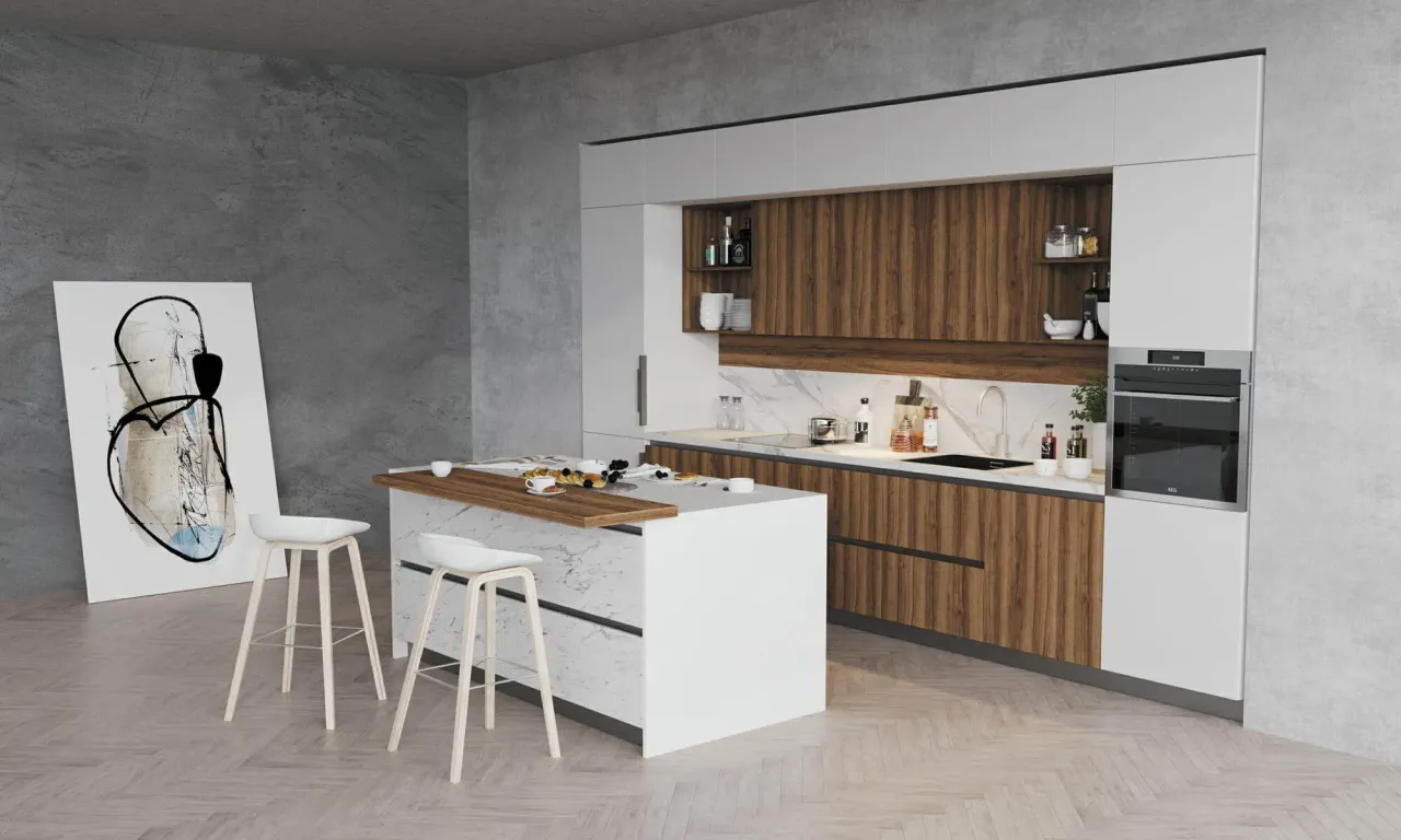 Фото кухни CARRARA BIANCO с фасадами под белый мрамор Каррара