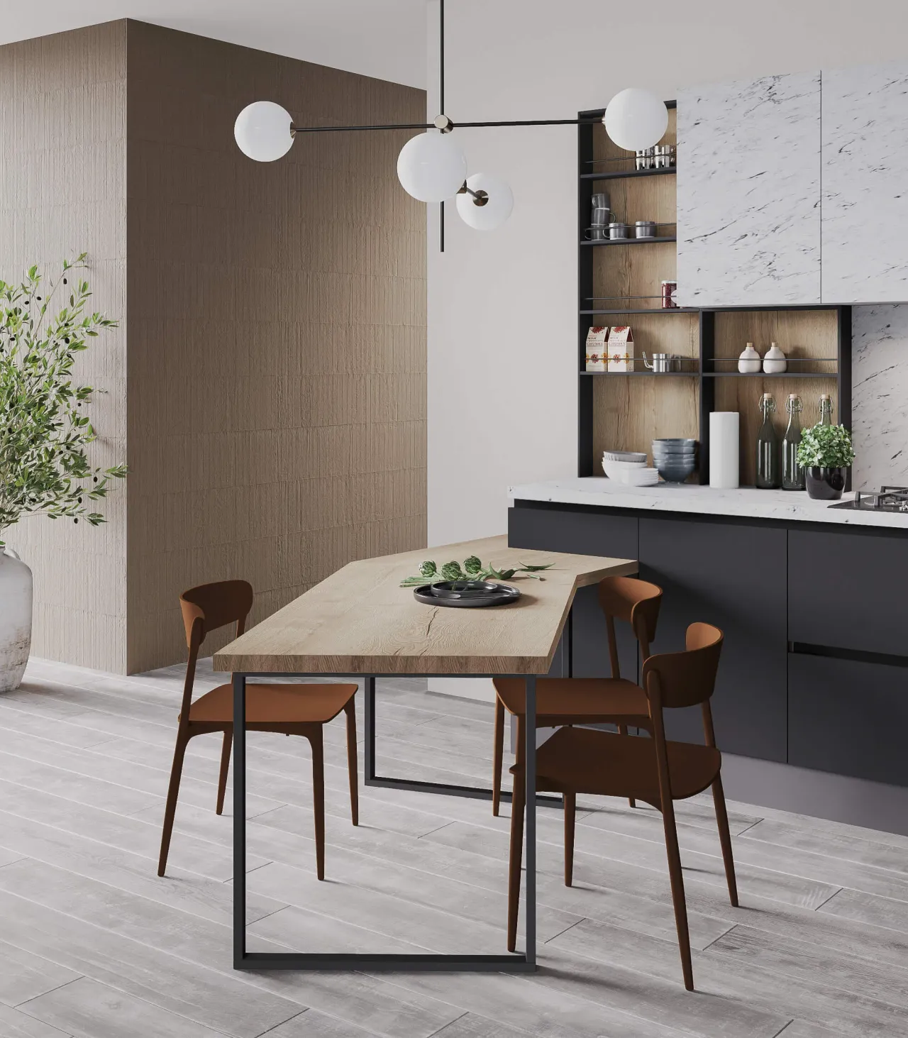 Кухня CARRARA BIANCO с акцентом из ореха Тосканского коричневого