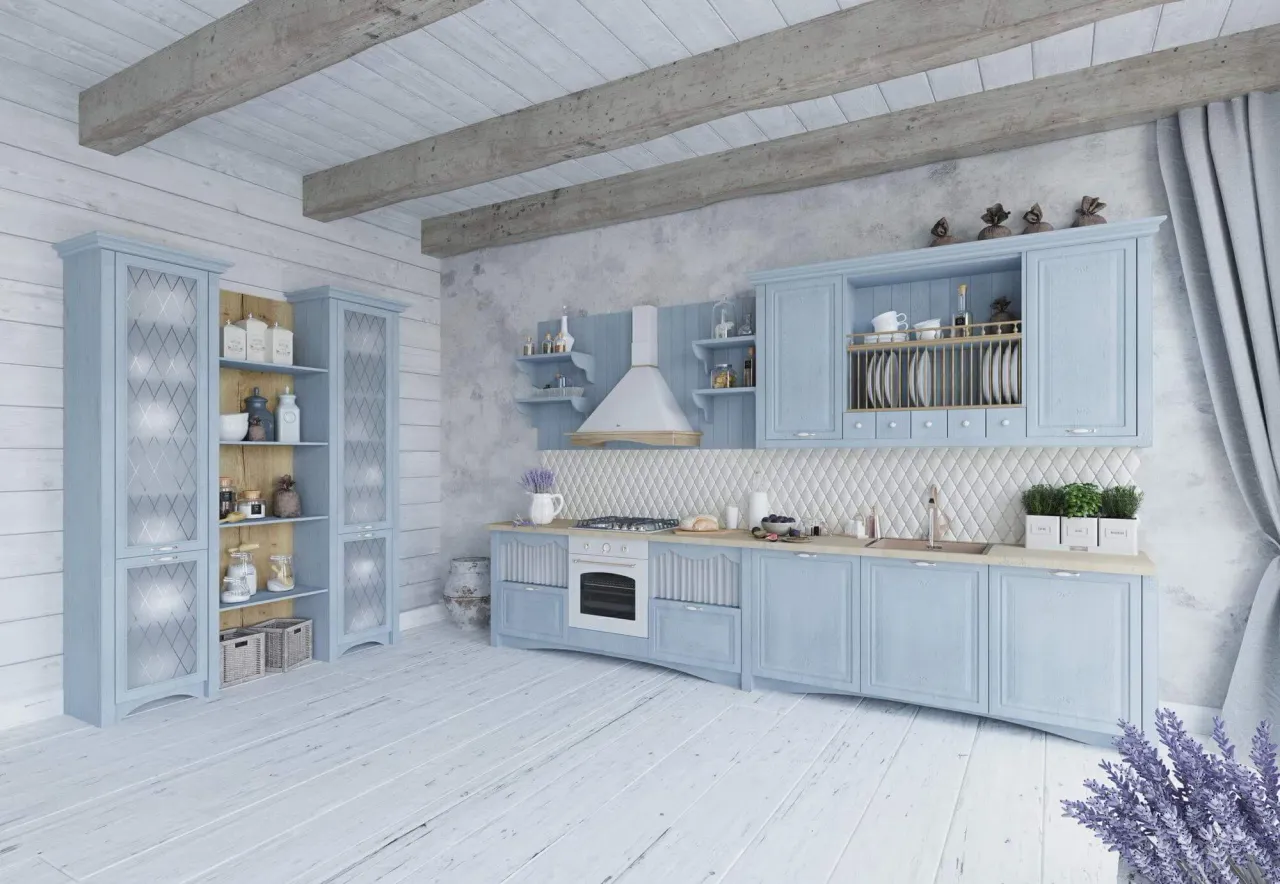 Фото кухни CHARME в стиле прованс с голубыми фасадами и витражами