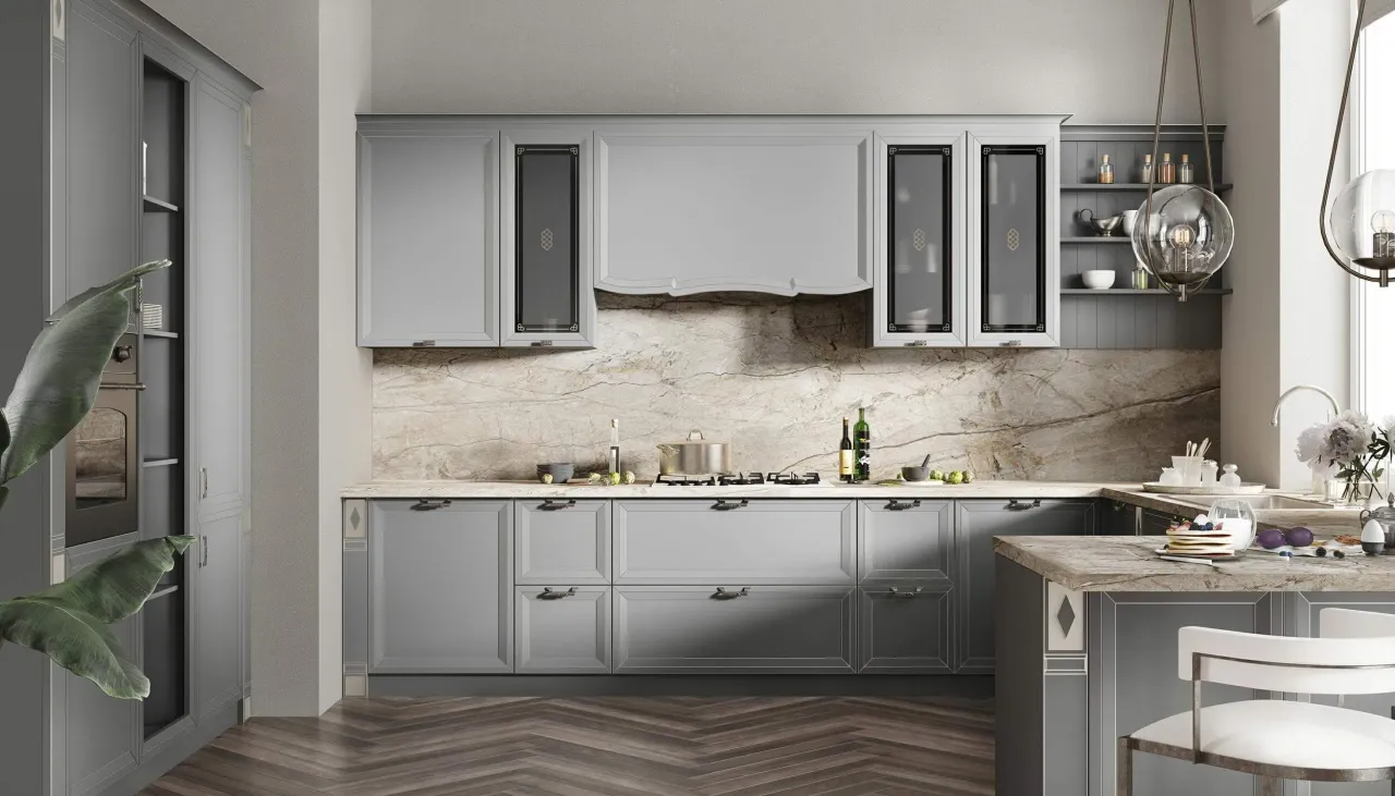 Фото кухни LIRA с эмалью SoftLuxe и патиной белое золото