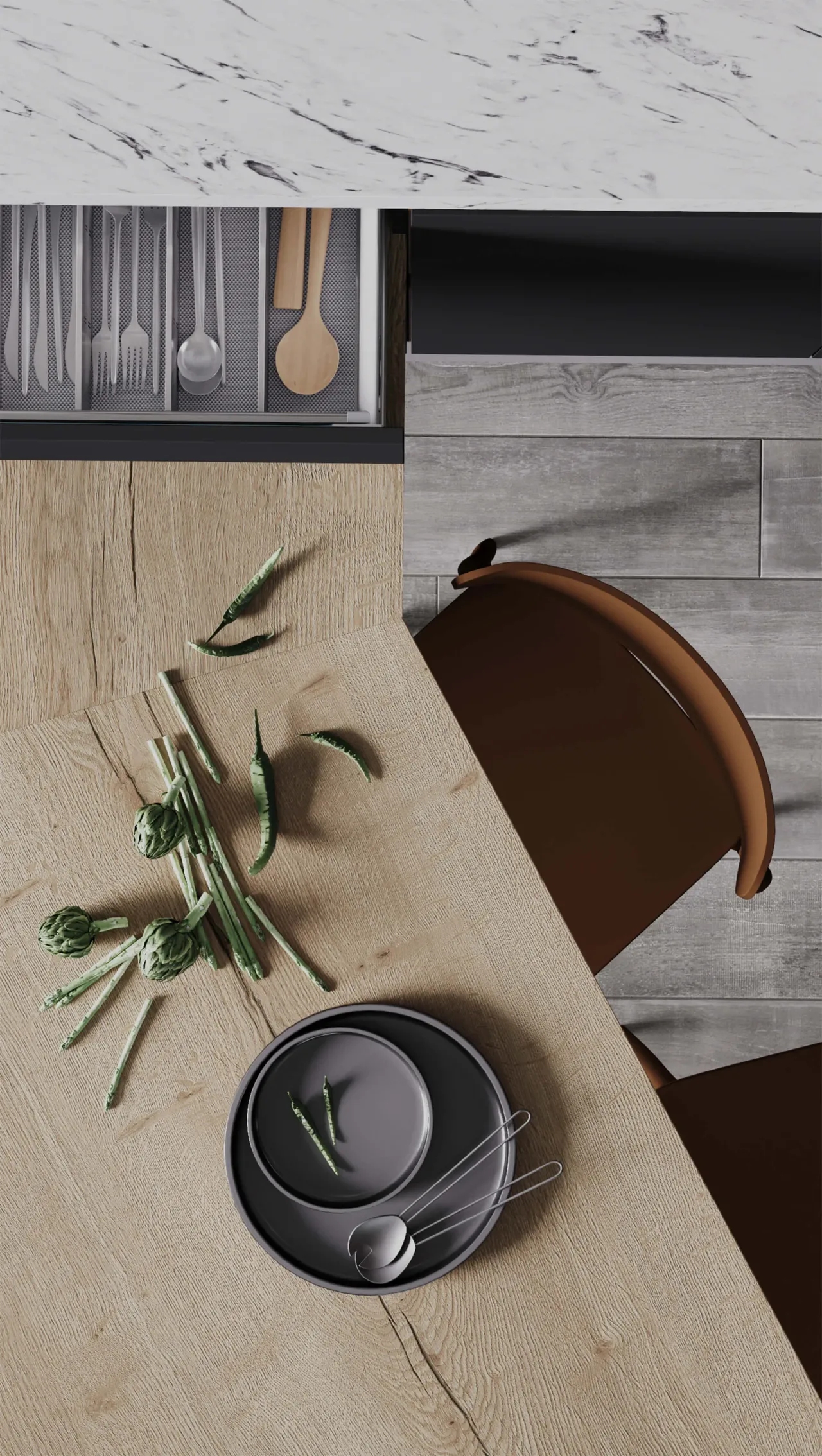 Фрезеровка Lira на фасадах кухни с дубом Кунео белёным