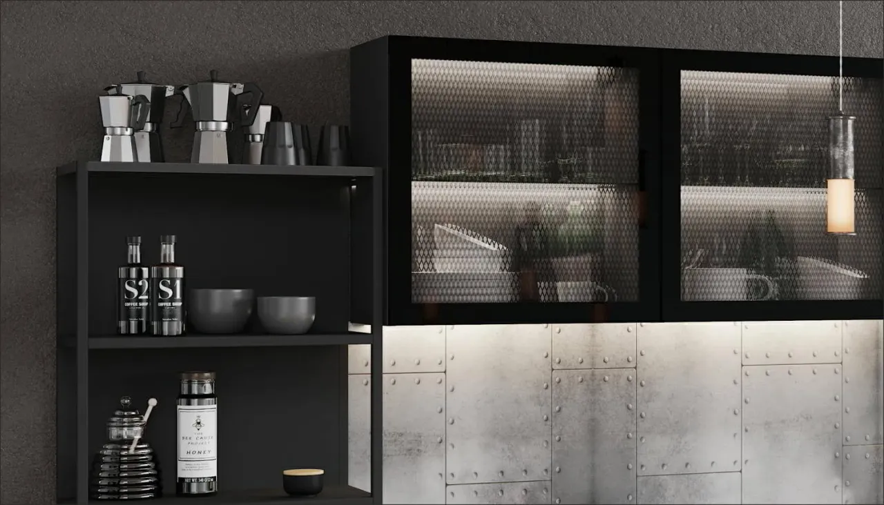 Витрины кухни LOFT с графитовым стеклом и текстурной сеткой
