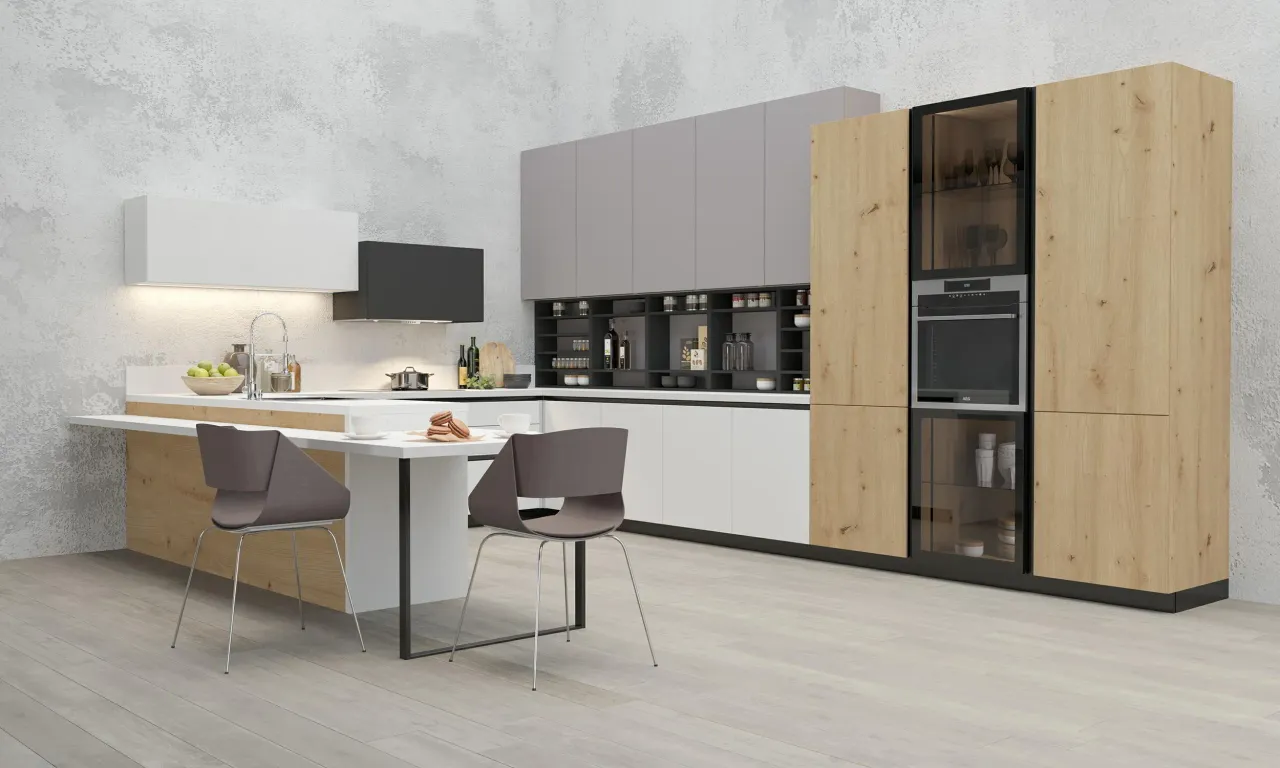 Кухня MARBLE с мраморными фасадами и красным акцентом Fenix Rosso Namib