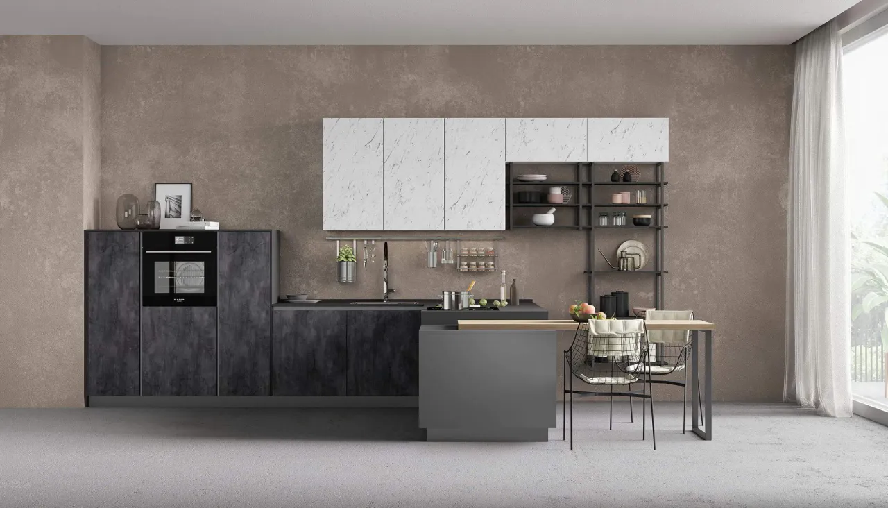 Фото кухни MIXSTONE с фасадами из сланца металл и мрамора Каррара
