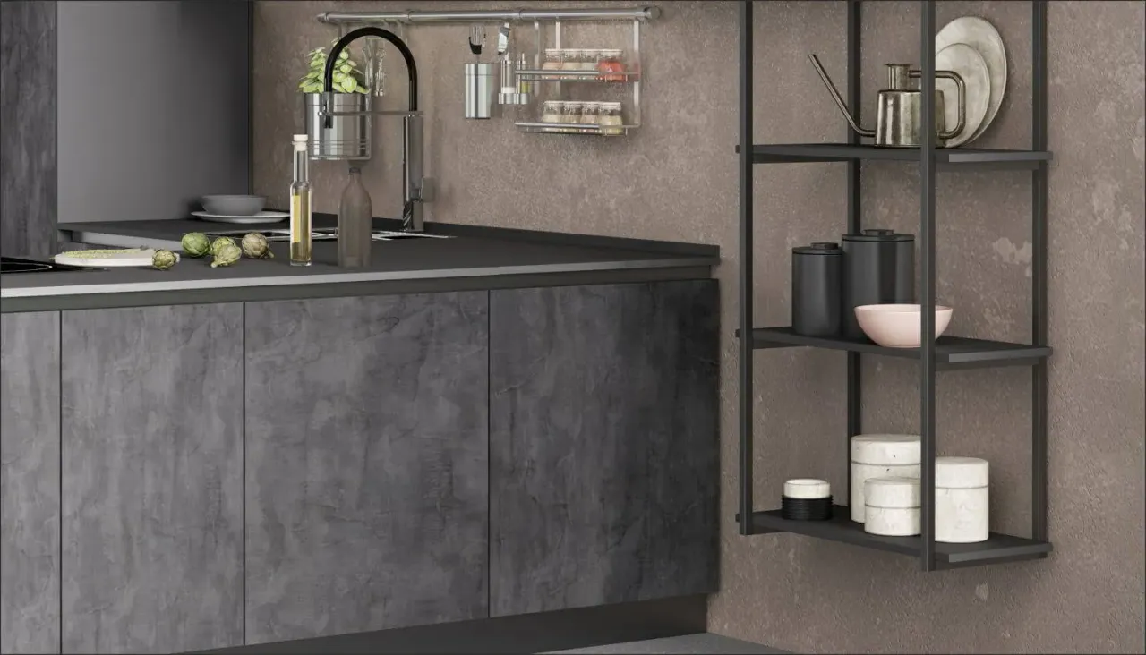 Кухня MIXSTONE в варианте с мрамором Petra чёрным и дубом Галифакс