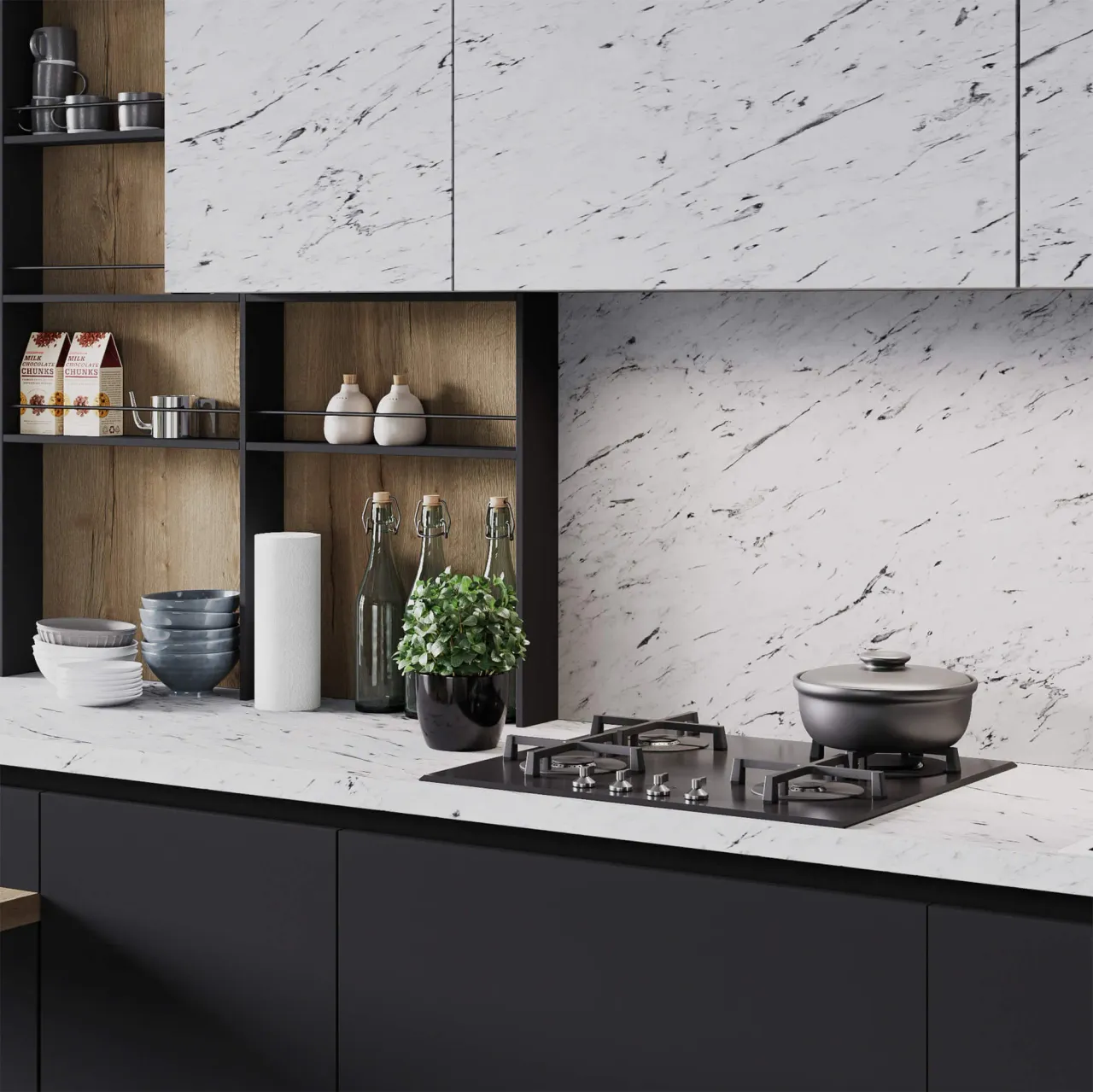 Столешница Fenix Grigio Bromo на кухне MIXSTONE со сланцевыми фасадами