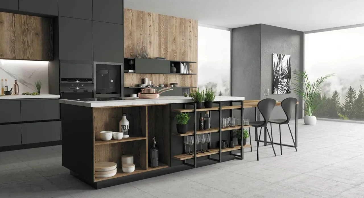 Фото кухни MONTBLANC с многофункциональным островом и сосной Монблан