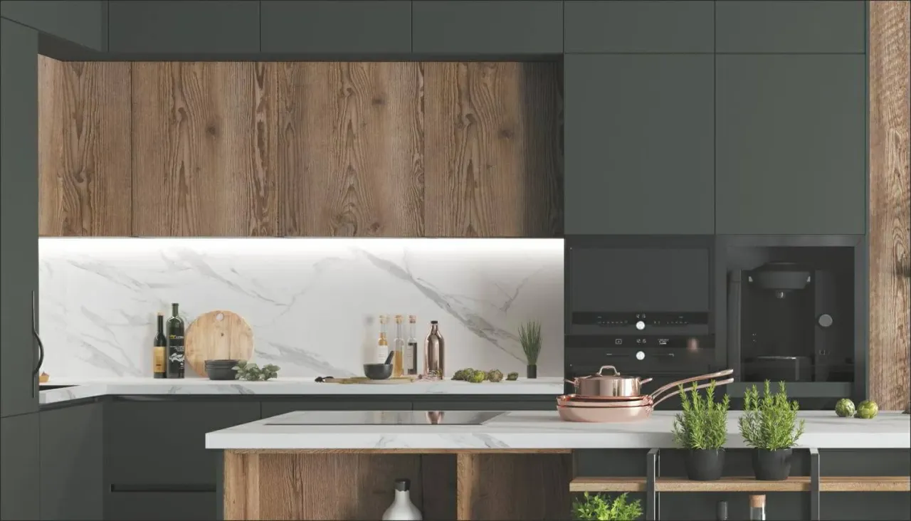 Фасады кухни MONTBLANC из эко-плёнки с декором сосна Монблан коричневая