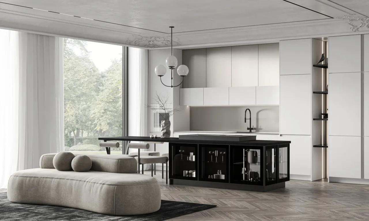 Фото кухни PORTO с фасадами Fenix Metal и нестандартной архитектурой