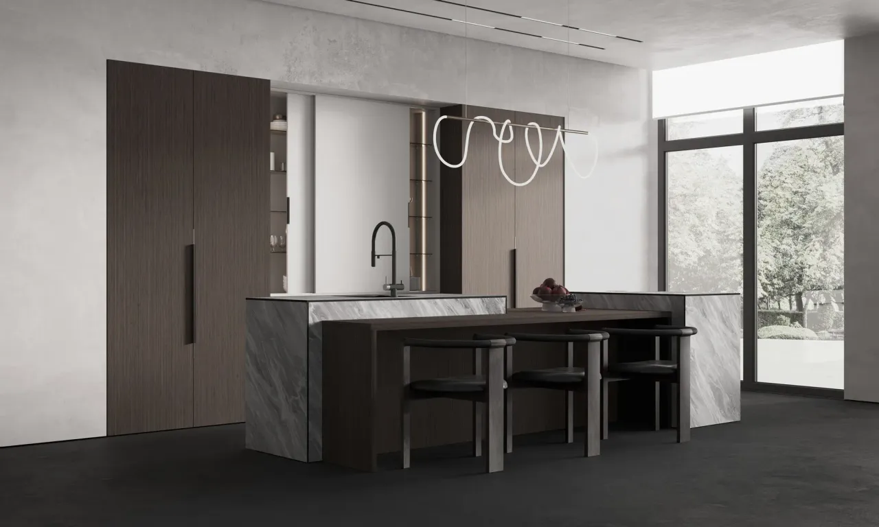 Витрины кухни SELMA со стеклом Стопсол бронза в золотом профиле