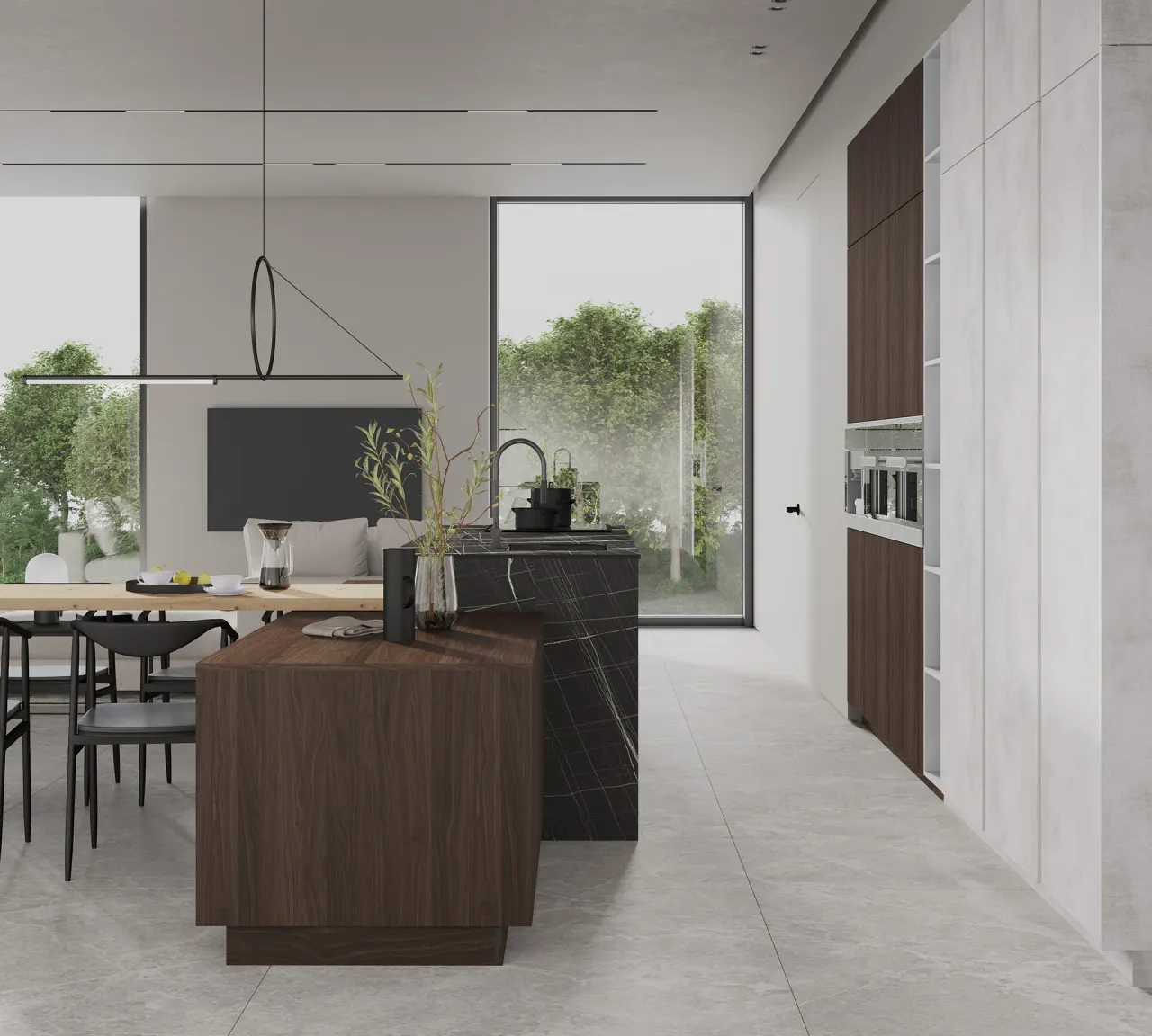 Фасады кухни WOODLINE из шпона тёмного ореха с фрезеровкой